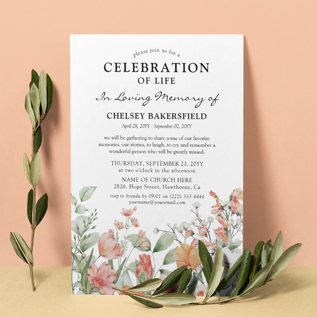 Convite Celebração da Vida Rosa e Floral Memorial em Bege (Criador carregado)