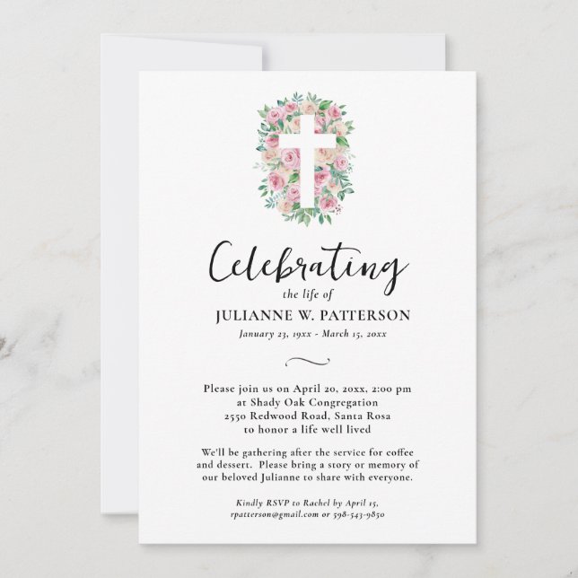 Convite Celebração da Vida, Rosa, Foto, Funeral (Frente)