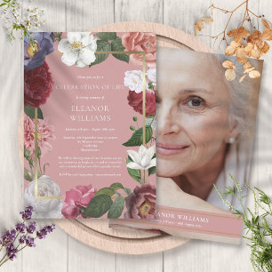 Convite Celebração da Vida Rosa Rosa Funeral Foto Floral