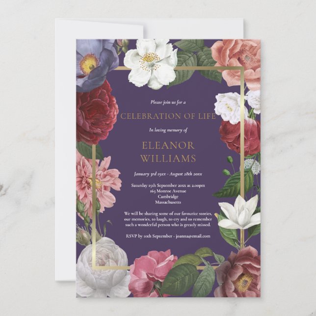 Convite Celebração da Vida Roxo Rosa Floral Dourada  (Frente)