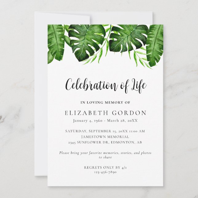 Convite Celebração da Vida Tropical Monstera Memorial (Frente)