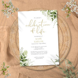 Convite Celebração da Vida Verde Floral Funeral Dourado