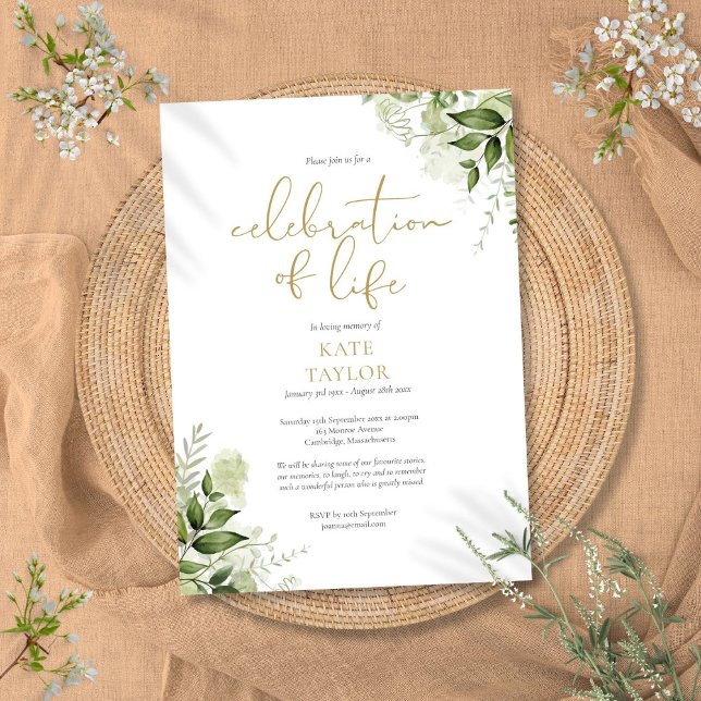 Convite Celebração da Vida Verde Floral Funeral Dourado (Gold Celebration of Life Greenery Floral Funeral Invitation)