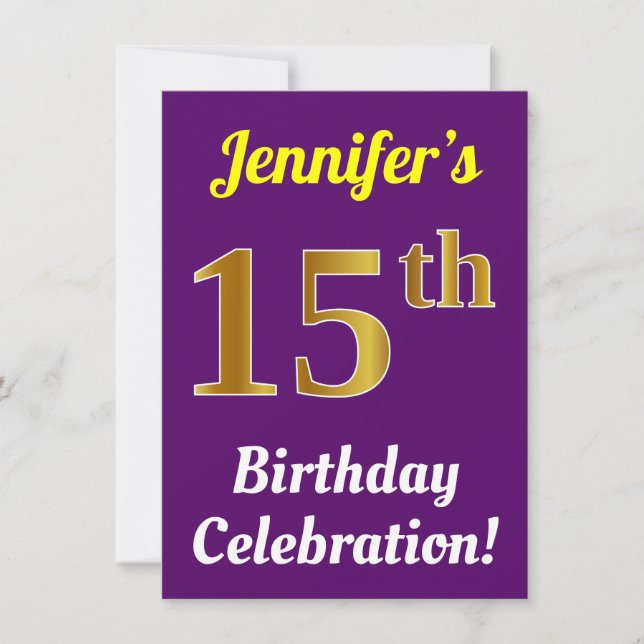 Convite Celebração de 15 anos roxo, dourado falso + Nome (Frente)