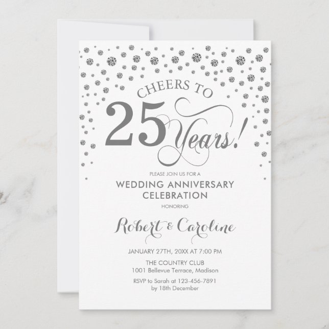 Convite Celebração de 25º Aniversário - Branco Prata (Frente)