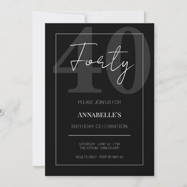 Convite Celebração de 40º Aniversário Preto e Branco (Frente)