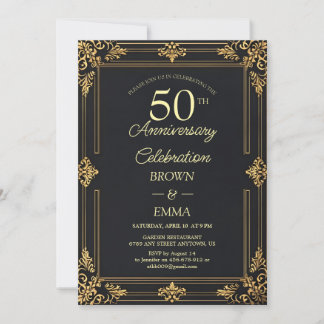 Convite Celebração de 50º Aniversário em Preto Dourado Ele