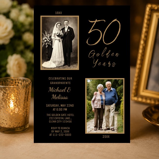 Convite Celebração de 50 Anos de Avós (Elegant black and gold grandparents 50th anniversary invitation with timeless then and now photos.)