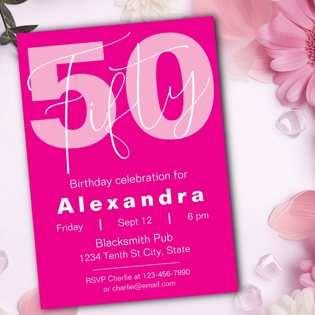 Convite Celebração de 50 Anos Feliz Cor-de-Rosa e Branco (Criador carregado)