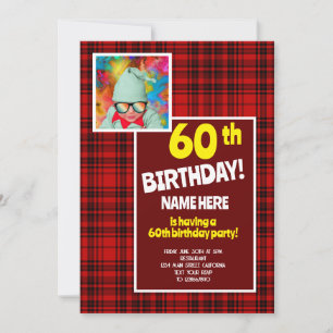 Convite Celebração de 60º Aniversário Xadrez Vermelho Pret