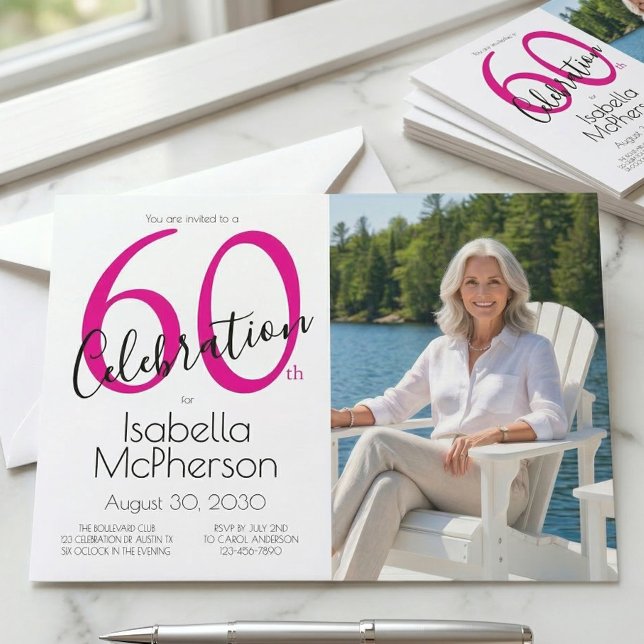 Convite Celebração de 60 anos Minimal Rosa Aniversário de  (Criador carregado)