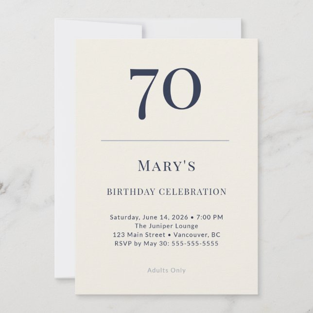 Convite Celebração de 70 Anos Clássico Azul Marinho e Crem (Frente)