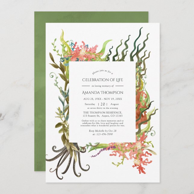 Convite Celebração de algas marinhas náuticas por aquarela (Frente/Verso)