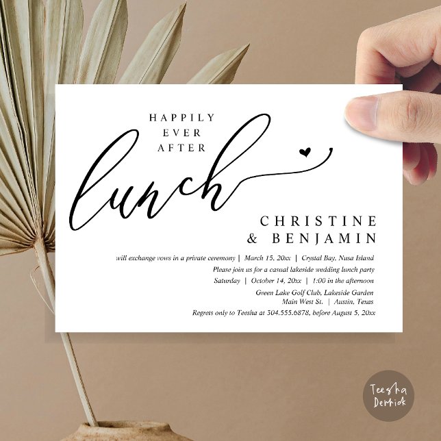 Convite Celebração de Almoço de Casamento Happily Ever Aft (Happily ever After Lunch Invitation Card, PDF, Post Wedding Elopement, In Black and White)