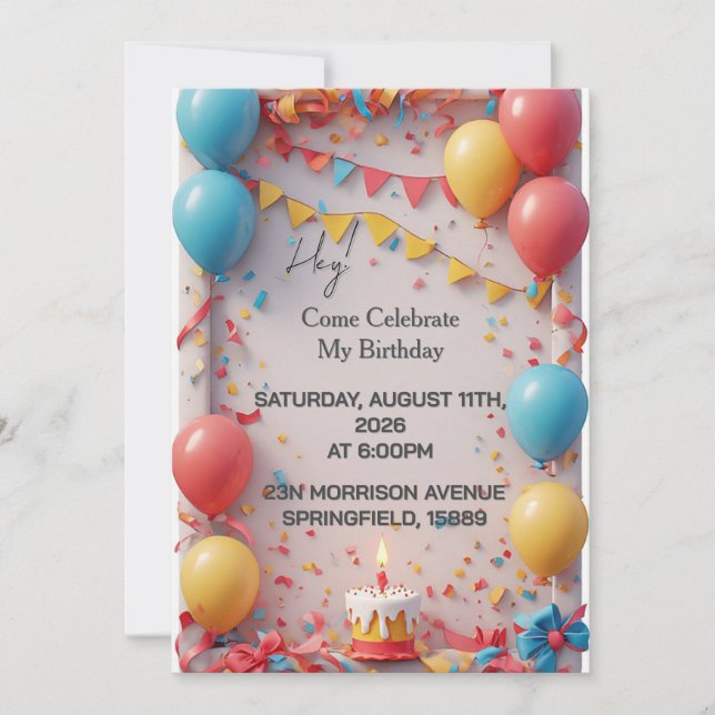 Convite Celebração de Aniversário Com Balões (Frente)