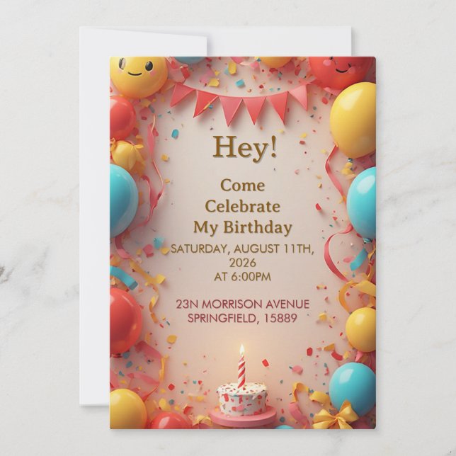 Convite Celebração de Aniversário com Balões (Frente)