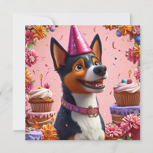 Convite Celebração De Aniversário Com Cão Feliz (Frente)