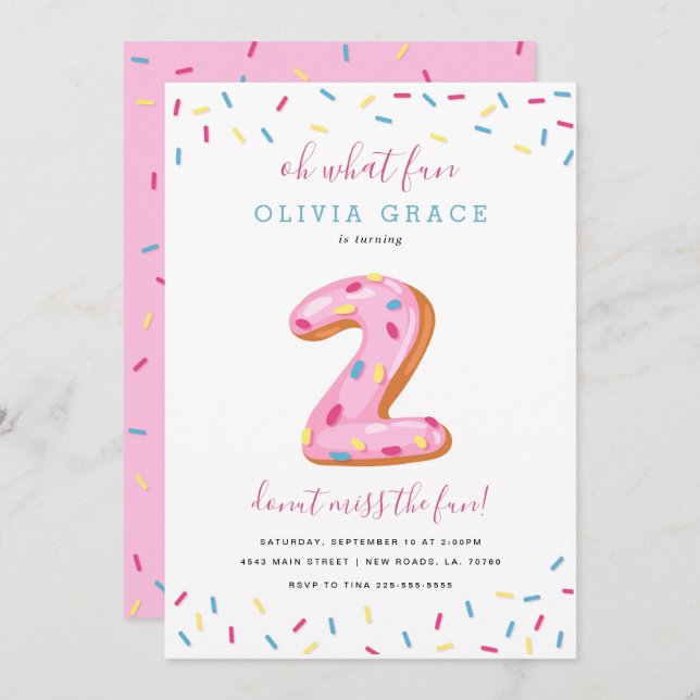 Convite Celebração de Aniversário da rosquinha | Dois (Frente/Verso)