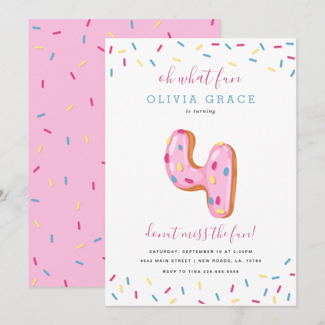 Convite Celebração de Aniversário da rosquinha | Quatro (Frente/Verso)