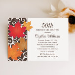 Convite Celebração de Aniversário das Folhas do outono Ele<br><div class="desc">Os convites para comemoração de aniversário com tema de outono formais e elegantes apresentam um padrão de borda de espirais e folhas de maple. As cores ricas do outono incluem laranja, vermelho, cobre, ouro, chocolate marrom e marfim. Enquanto o modelo é configurado para 50º aniversário, isso pode ser modificado para...</div>