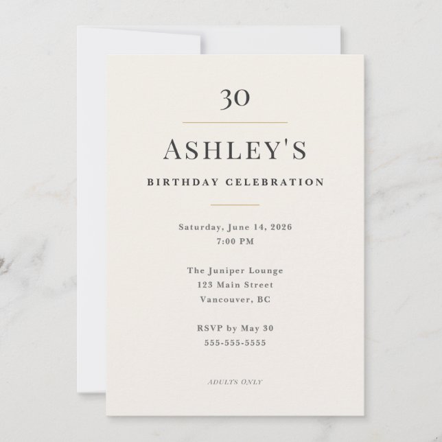 Convite Celebração de Aniversário de 30 anos Minimal Elega (Frente)