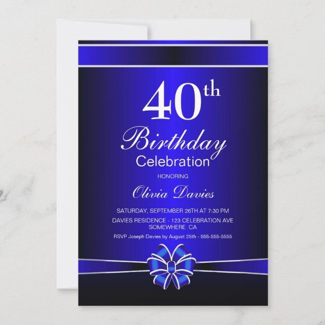 Convite Celebração de aniversário de 40 anos preto e azul (Frente)