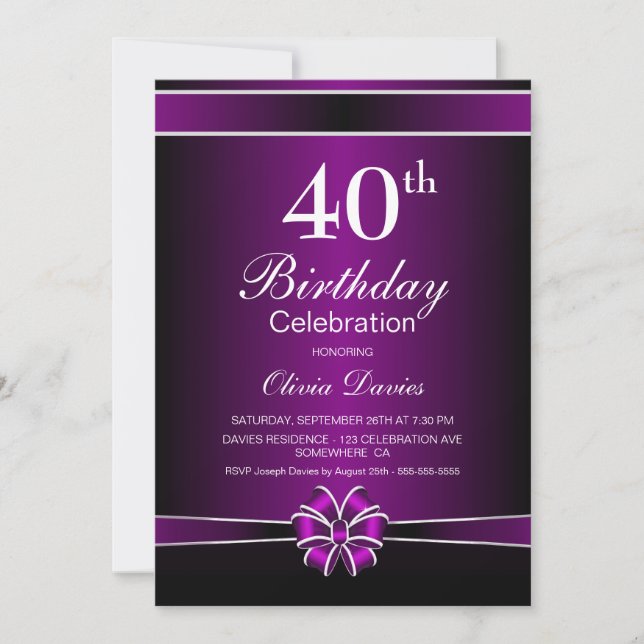Convite Celebração de aniversário de 40 anos preto e roxo (Frente)