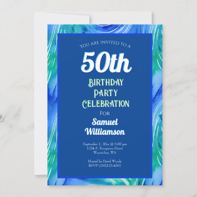 Convite Celebração de Aniversário de 50 anos Azul e Verde (Frente)