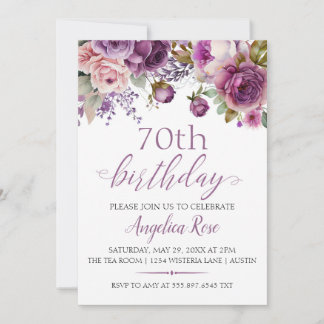 Convite Celebração de Aniversário de 70 anos Floral Roxo