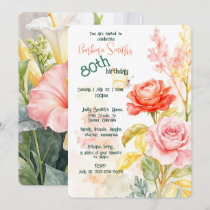Convite Celebração de Aniversário de 80 Bela Flores de pri