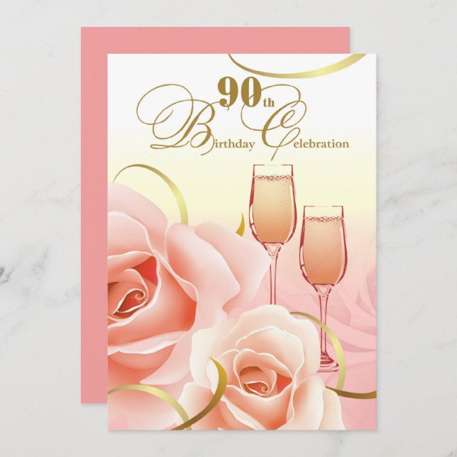 Convite Celebração de Aniversário de 90. Rosas de Pêssego  (Frente/Verso)