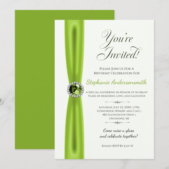 Convite Celebração de Aniversário de Agosto - Peridoto (Frente/Verso)