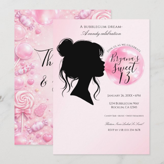 Convite Celebração de Aniversário de Bala de Menta Rosa So (Frente/Verso)