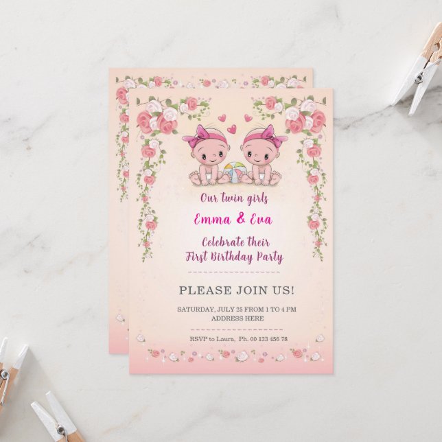 Convite Celebração de aniversário de gêmeas (Frente/Verso In Situ)