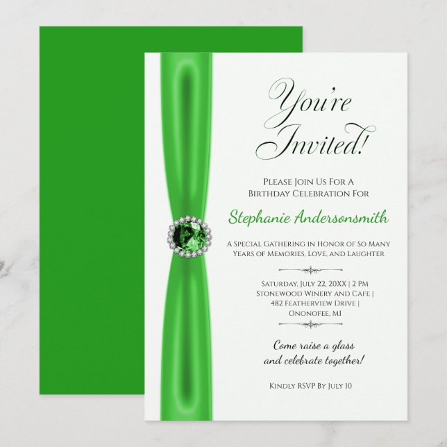 Convite Celebração de Aniversário de Maio - Esmeralda Verd (Frente/Verso)
