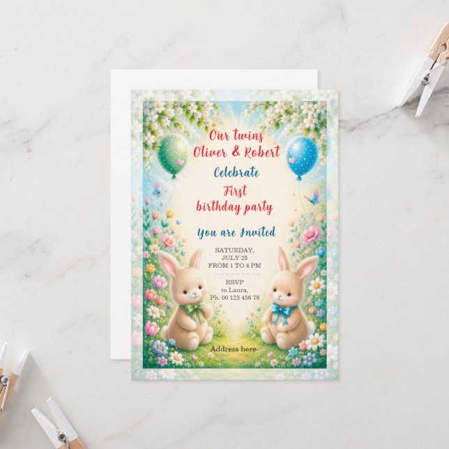 Convite Celebração de aniversário de meninos gêmeos (Frente/Verso In Situ)