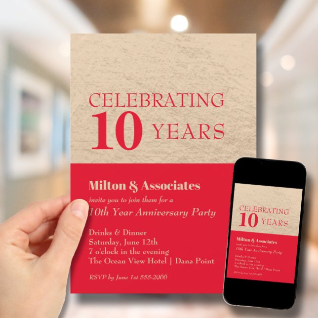 Convite Celebração de Aniversário de Negócios Vermelho e D (Change to ANY YEAR. Order printed and instant download (great to email as a reminder.))