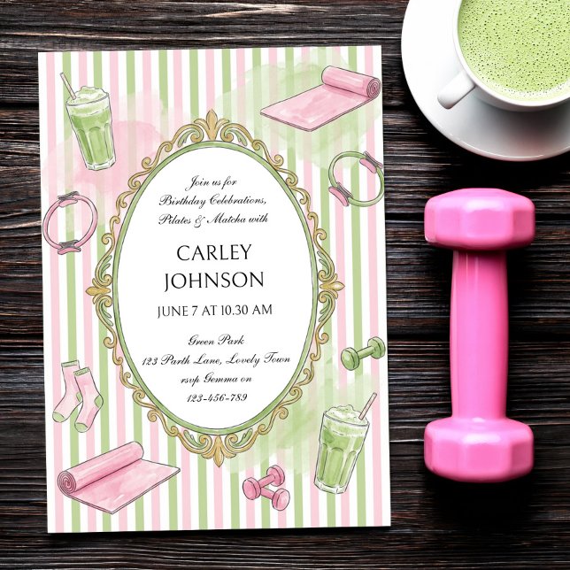 Convite Celebração de Aniversário de Pilates Rosa e Matcha (Pilates and Matcha invitation with preppy pink and green stripes and hand-drawn style illustrations)