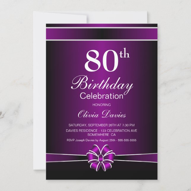 Convite Celebração de Aniversário do 80 Negro e Roxo (Frente)