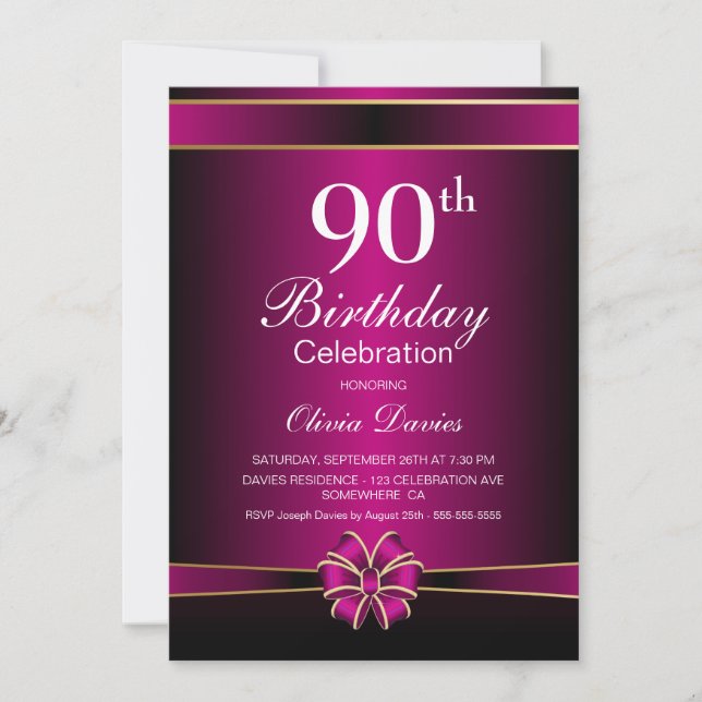 Convite Celebração de Aniversário do 90 Negro e Rosa (Frente)