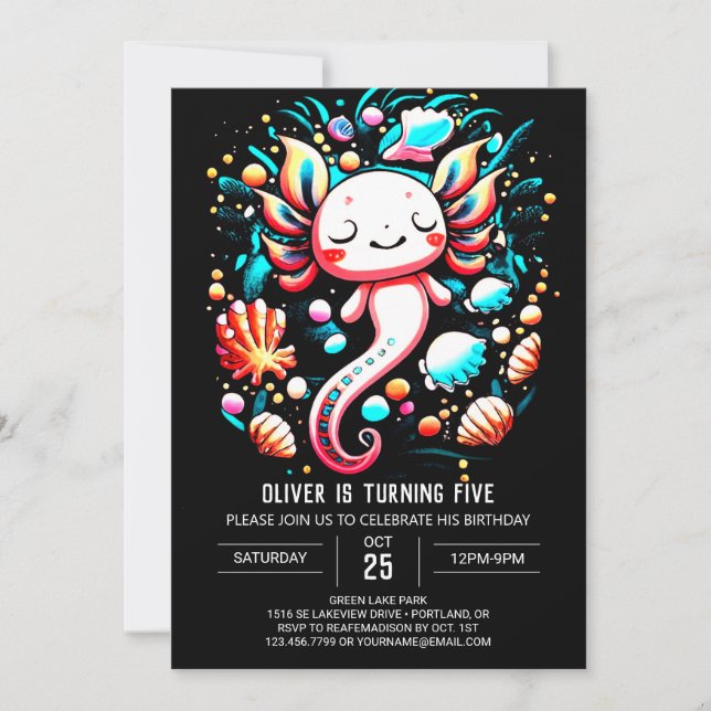 Convite Celebração de Aniversário do Whimsical Axolotl Pas (Frente)