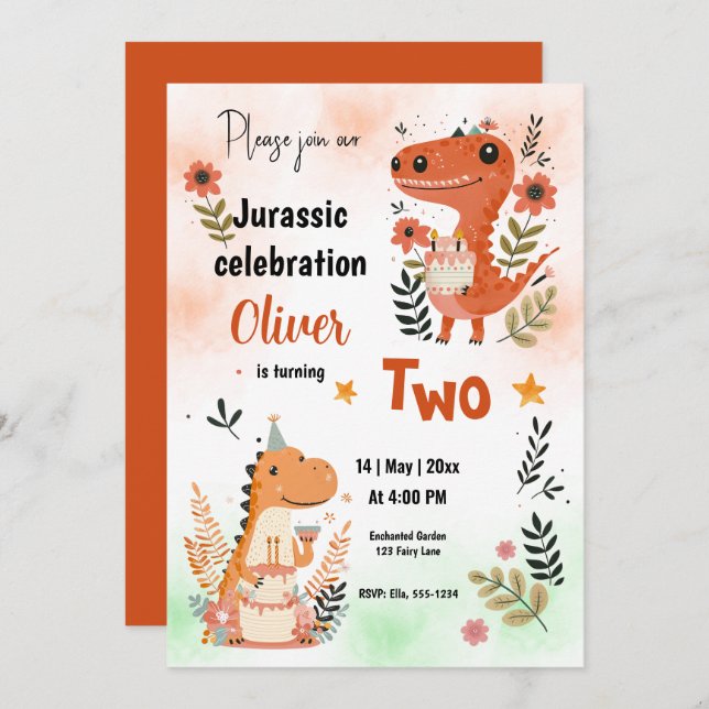 Convite Celebração de Aniversário dos Dinossauros Aquarela (Frente/Verso)