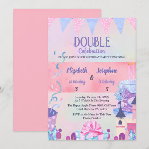 Convite Celebração de Aniversário Duplo das Meninas Pastel