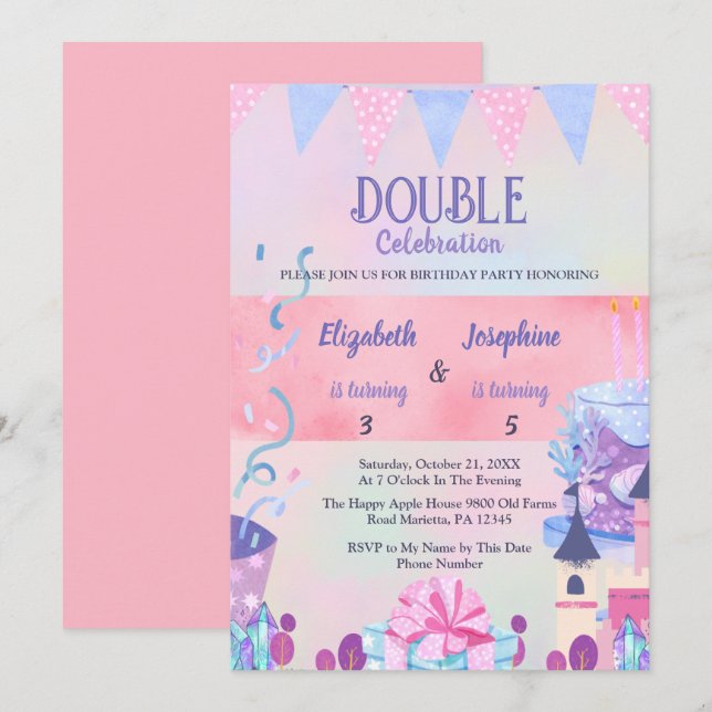 Convite Celebração de Aniversário Duplo das Meninas Pastel (Frente/Verso)