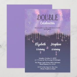 Convite Celebração de Aniversário Duplo Roxo Para Meninas