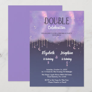 Convite Celebração de Aniversário Duplo Roxo Para Meninas