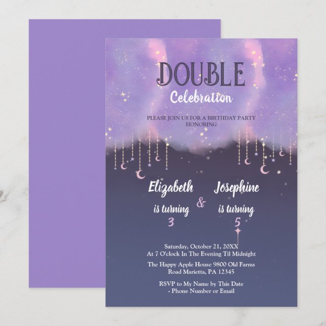 Convite Celebração de Aniversário Duplo Roxo Para Meninas (Frente/Verso)