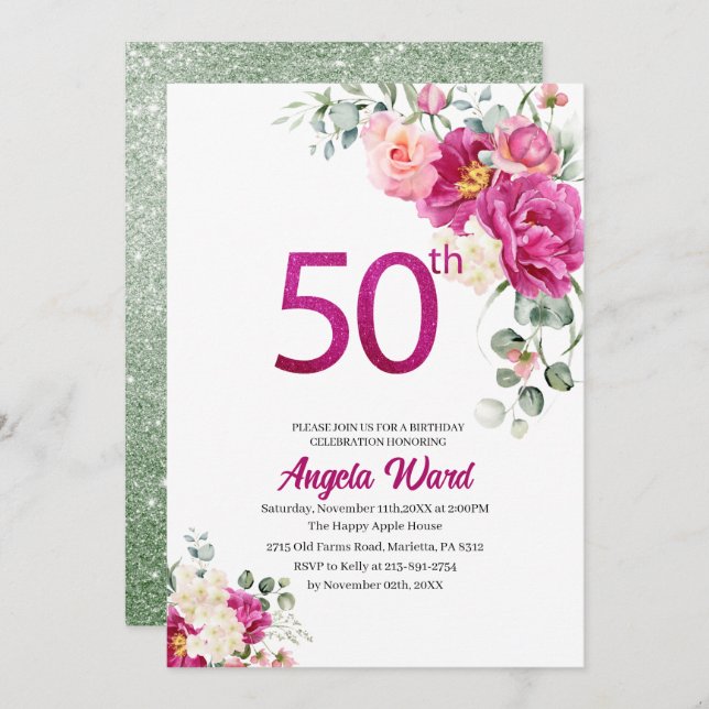 Convite Celebração de aniversário elegante floral brilho 5 (Frente/Verso)