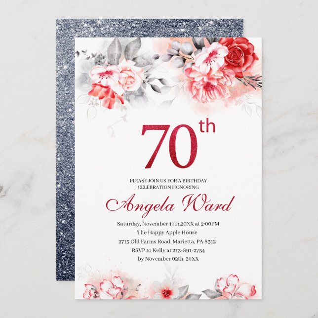 Convite Celebração de aniversário elegante floral brilho 7 (Frente/Verso)