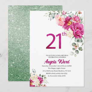 Convite Celebração de aniversário elegante floral glitter 